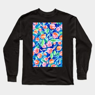 Blue Aesthetic Watercolor Floral Pattern with Orange and Pink Blossoms Long Sleeve T-Shirt